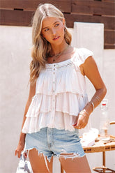 Maja Tiered Swiss Dot Button Down Top - Cream