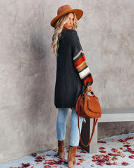 Grey Striped Trim Knit Long Cardigan