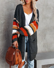 Grey Striped Trim Knit Long Cardigan