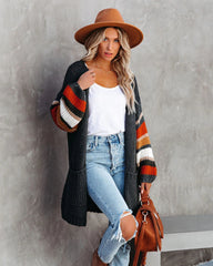 Grey Striped Trim Knit Long Cardigan