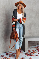 Grey Striped Trim Knit Long Cardigan