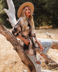 Pike Pocketed Belted Plaid Shacket - Dark Brown - FINAL SALE