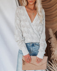 Pointelle Cotton Blend Drape Sweater - Grey