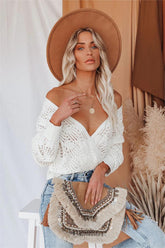 Pointelle Cotton Blend Drape Sweater - Off White