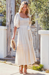 Point Loma Crochet Puff Sleeve Midi Dress - Cream
