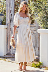 Point Loma Crochet Puff Sleeve Midi Dress - Cream