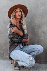 Rigo Cotton Button Down Shacket - Dusty Navy - FINAL SALE