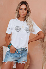 Seashell Print Distressed Cotton Tee