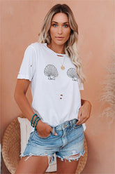 Seashell Print Distressed Cotton Tee