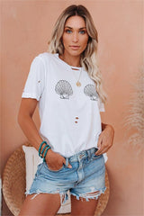 Seashell Print Distressed Cotton Tee