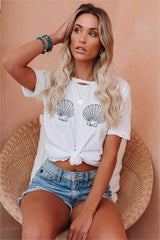 Seashell Print Distressed Cotton Tee