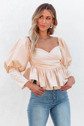 Soph Puff Sleeve Peplum Crop Top - Beige