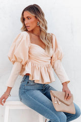 Soph Puff Sleeve Peplum Crop Top - Beige