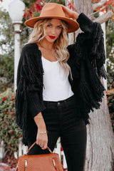 Spruce Fringe Knit Cardigan - Black