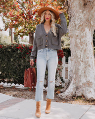 Stone Cotton Blend Pocketed Crop Cardigan - Charcoal - FINAL SALE