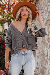 Stone Cotton Blend Pocketed Crop Cardigan - Charcoal - FINAL SALE