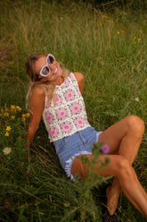 Pink Floral Chrochet Tank Top