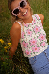 Pink Floral Chrochet Tank Top