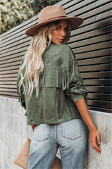 Tuck Fringe Faux Suede Jacket - Dusty Teal