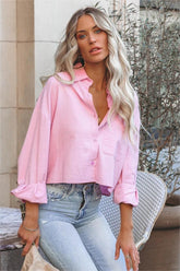 Viana Linen Blend Button Down Crop Top - Light Pink