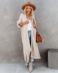 Beige Ribbed Knit Long Cardigan