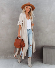 Beige Ribbed Knit Long Cardigan