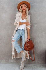 Beige Ribbed Knit Long Cardigan
