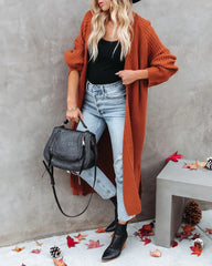 Brown Ribbed Knit Long Cardigan