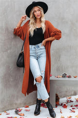Brown Ribbed Knit Long Cardigan