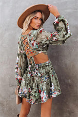 Zida Floral Ruffle Tiered Cutout Dress - Olive