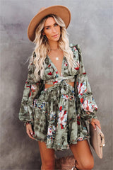 Zida Floral Ruffle Tiered Cutout Dress - Olive