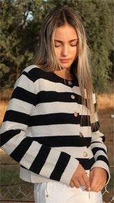Black White Striped Knit Cardigan