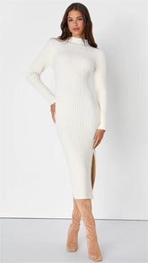 White Ribbed Knit Midi Dress