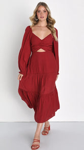 Burgundy Long Sleeves Midi Dress