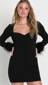Black Feather Trim Knit Dress