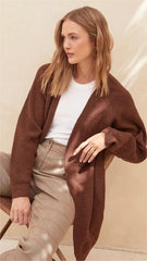 Brown Ribbed Knit Open Front Cardigan