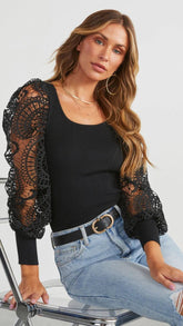 Black Crochet Sleeves Knit Top