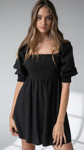 Black Smocked Mini Dress