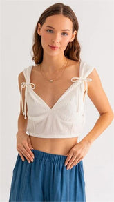 White Shoulder Tie Crop Top