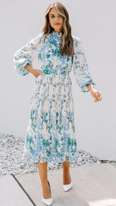 Blue Floral Long Sleeves Midi Dress