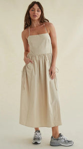 Beige Solid Sleeveless Midi Dress