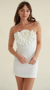 White Strapless Rosette Mini Dress