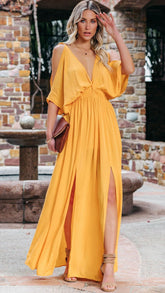 Yellow Batwing Slit Maxi Dress