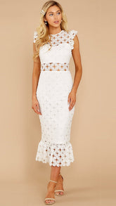 White Crocht Lace Bodycon Midi Dress