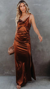 Coffee Cowl Neckline Cami Maxi Dress