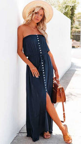 Navy Blue Buttoned Bandeau Maxi Dress
