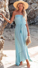 Light Blue Buttoned Bandeau Maxi Dress