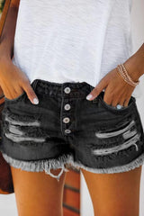 Black Solid Destroyed Denim Shorts