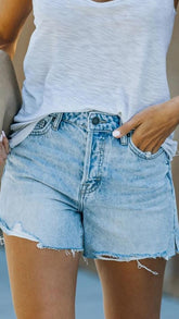 Light Blue Denim Raw Edge Shorts