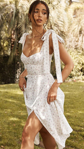 White Floral Shoulder Tie Midi Dress